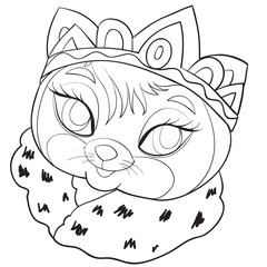 cartoon sketch of a cats head in a crown and ermine, outline drawing, isolated object on a white background, vector illustration,