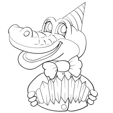 cartoon character of a crocodile in a cap, in a bow-tie and with an accordion in his paws, sketch, isolated object on a white background, vector illustration,