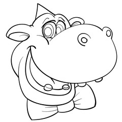 funny sketch of a hippo head in a festive cap and with a butterfly, coloring, isolated object on a white background, vector illustration,