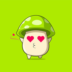 Cute green mushroom character falling in love. Vector flat carton character illustration