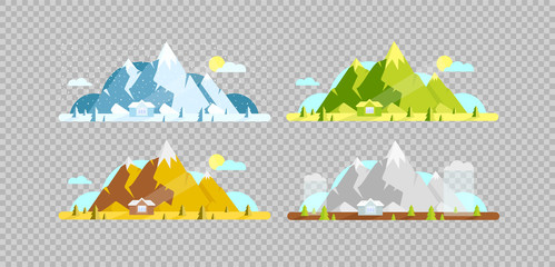 Mountain and house flat color vector objects set. Four seasons. Hill and village lodge on summer, spring, winter and autumn 2D isolated cartoon illustrations on transparent background © IMGvisualsCharacters