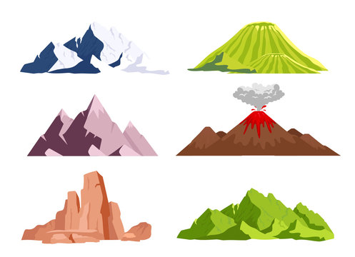 Mountains flat color vector objects set. Ice peaks, green hills. Wild nature landscape elements. Dry desert canyon. Volcano eruption phenomenon. 2D isolated cartoon illustrations on white background