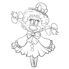 sketch of a sheep character in a hat and pigtails, coloring book, isolated object on a white background, vector illustration,
