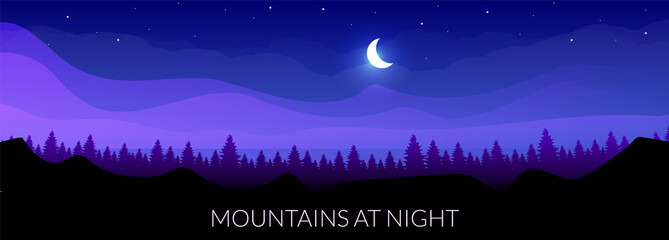 Mountains at night flat color vector banner template. Coniferous forest at midnight. Woodland skyline. Wild nature. Fir trees and hills 2D cartoon landscape with moon and starry sky on background