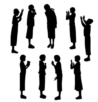 Silhouette of Jewish women praying.
Religious ultra-Orthodox mothers. Some hold arrangement, cry, beg, raise hands to heaven, say confession.
Black on a white background. Each character is separate.