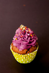 Cupcake decorated with dark purple cream and decorative sprinkles