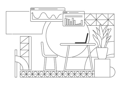 Business analyst home office interior design outline vector illustration. Contemporary corporate employee workplace contour composition on white background. Charts and table simple style drawing
