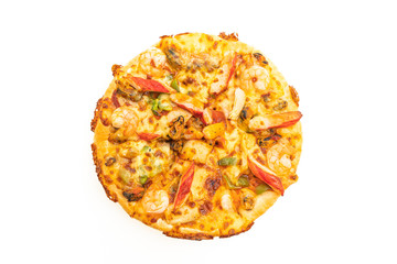 seafood pizza on wood tray