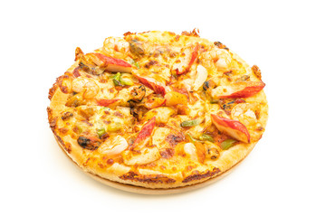 seafood pizza on wood tray