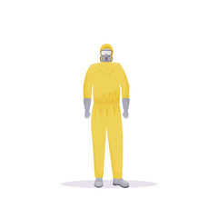 Person wearing protective suit with flasks flat color vector faceless character. Radiation protection. Human in hazmat clothing isolated cartoon illustration for web graphic design and animation