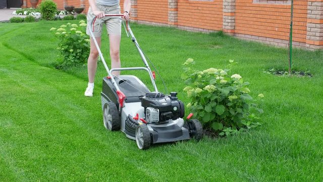 A woman in shorts is mowing green grass with a lawn mower. Work with the garden. Front and side view.
