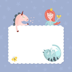 Cute Fairy Tale Characters with White Empty Banner, Lovely Princess with Butterfly, Unicorn and Sleeping Cat with Blank Sign Board Vector Illustration