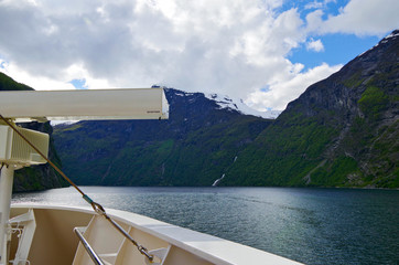 Breathtaking and picturesque panoramic views from cruiseship onto mountain scenery and landscape in...