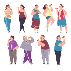 Obraz premium Happy Fat People Eating Fast Food Set, Cheerful Obese Men and Women Enjoying of Eating, Unhealthy Diet and Lifestyle, Body Positive Concept Vector Illustration