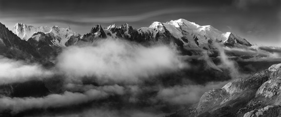 Black and white fine art summer view of the Alps with Mont Blanc (Monte Bianco) on background,...