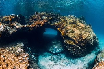 Underwater scene with tunnel cave in blue ocean