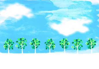 Fototapeta na wymiar 水彩の空と木の風景２