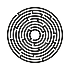 Black circle vector maze isolated on white background. Black labyrinth with one right way. Vector maze icon. Labyrinth symbol. Circle puzzle