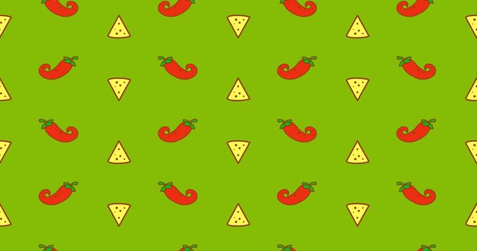 Repeating colorful seamless video animation motion clip background with icons tacos chips cheese and peppers chili in seamless pattern repeating loop