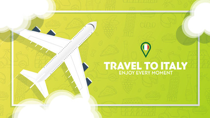 Travel to Italy banner with plane and clouds. Hand draw doodle background.
