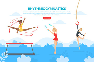 Rhythmic Gymnastics Landing Page Template, Professional Female Gymnasts Exercising in Gym, Athlete Girls Exercising with Sports Equipment, Web Page, Mobile App, Homepage Vector Illustration