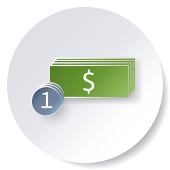 Image of a dollar and a coin on a white background. Icon in the style of flat, paper cut