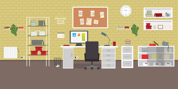 Home office interior modern center creative workplace environment horizontal banner empty workspace flat vector illustration.