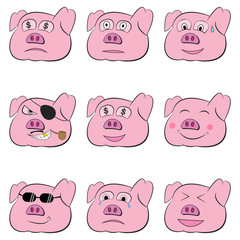 Cute pig face cartoon with many characters