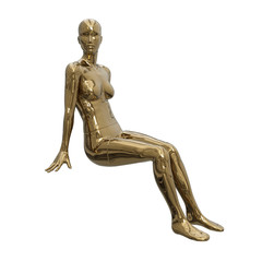 Fototapeta na wymiar Golden shiny human figure. Female mannequin in a sitting pose. Beautiful golden female body. Side view. 3d illustration isolated on a white background.