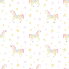 Cute watercolor horse, unicorn seamless pattern with stars. Girls magical background. Nursery, kids, children textile, fabric, covers. Hand painted watercolor circus horse. Wonderful fantasy pattern.