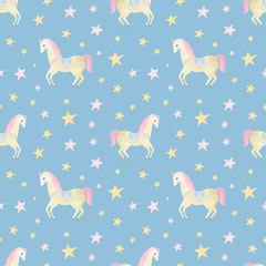 Cute watercolor horse, unicorn seamless pattern with stars. Girl's magical background. Nursery, kids, children textile, fabric, covers. Hand-painted watercolor circus horse. Wonderful fantasy pattern.