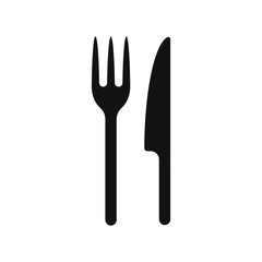 Fork and knife icon logo. Simple flat shape restaurant or cafe place sign. Kitchen and diner menu symbol. Vector illustration image. isolated on white background.