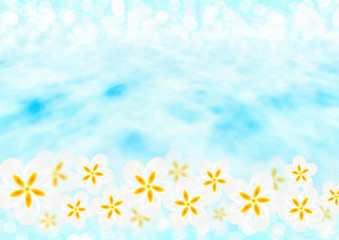 Fototapeta na wymiar プルメリアの花と海　夏の海の背景素材（横）