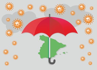 Red umbrella, corona rain an Spain map. Vector illustration.