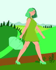 vector illustration cute girl walking from the store girl carrying a bag against the background of nature and environment hand draw style