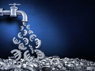 3D-Illustration with a water tap from which money gushes, Euro, Euro signs flow, fall from a water tap 