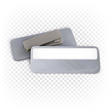 Rectangular corporate name badge. Metallic silver badge. Business mock up, template isolated on white transparent background. Set of 3d vector mockup or blank template isolated on a white background.