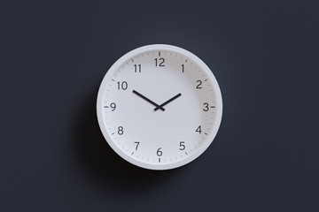 3D Render - White wall clock isolated on dark gray background. Hour hand pointing at 2 and minute hand pointing at 10.