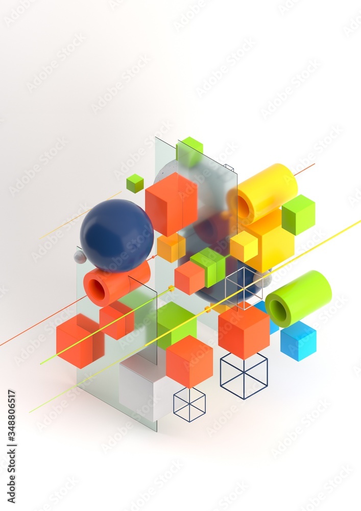 Fototapete abstract 3d render visualization background, template modern composition of geometric shapes in isom