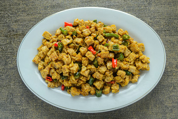 Oseng tempe or stir fry tempeh. Indonesian traditional food made from tempeh, chili, garlic and other ingredients. have good nutrition for the body.