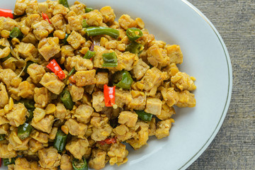 Oseng tempe or stir fry tempeh. Indonesian traditional food made from tempeh, chili, garlic and other ingredients. have good nutrition for the body.