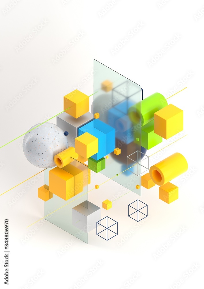 Fototapete Abstract 3d render visualization background, template modern composition of geometric shapes in isometric . Cube, sphere, cylinder, line.