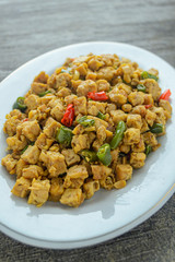 Oseng tempe or stir fry tempeh. Indonesian traditional food made from tempeh, chili, garlic and other ingredients. have good nutrition for the body.