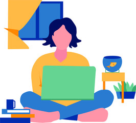 Freelance vector illustration. A woman works at home with a laptop. Self-isolation of the house.