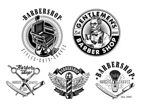Set of Vintage Barbershop Emblems, Labels and Logos.The Barber with Hair Clipper and Hairbrush. Vintage Barber Chair. Vector Illustration.