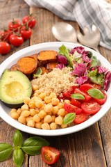 vegetarian meal with sweet potato, avocado, tomato, quinoa and chickpea
