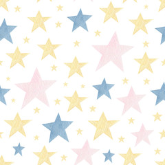Obraz premium Watercolor stars seamless pattern on white background. Colorful bright hand-drawn stars background. Perfect for wrapping paper, textile, kids textiles, covers. Children textile, bedclothes. Abstract
