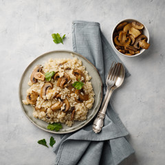 A dish of Italian cuisine - risotto from rice and mushrooms. Top view. Flat lay.