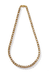 Subject shot of a golden chain with installed sparkling rhinestones. The luxury collar is isolated...