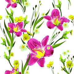 Floral pattern, with flowers of bright lilies and leaves. Seamless vector botanical background with plant elements. Bright pink garden lilies are located on a white background. For textile, tile